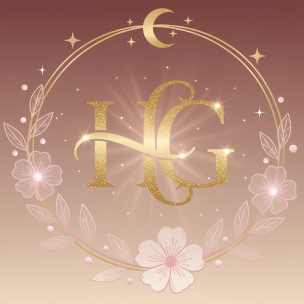 Logo of Heavenly Glow Beauty Co. with decorative elements on a white background